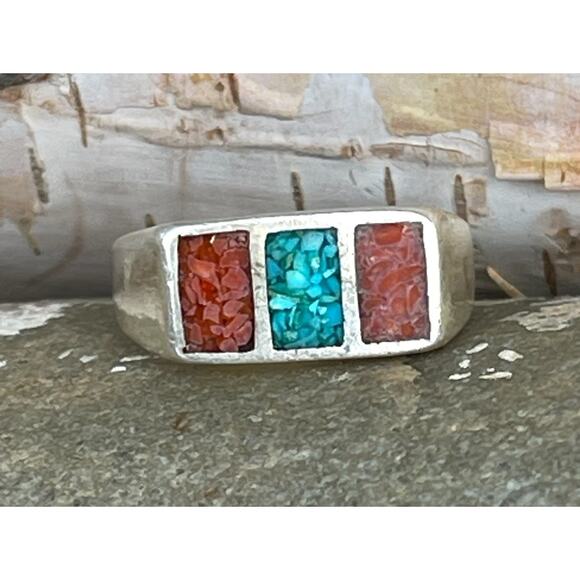 Unmarked Old Pawn Blue Turquoise & Red Coral Navajo Silver Men's Ring 925 - Picture 1 of 8